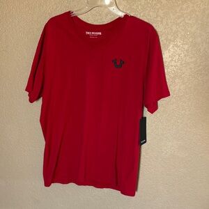 True Religion Red V-Neck Short Sleeve Tee with Black Logo Horseshoe